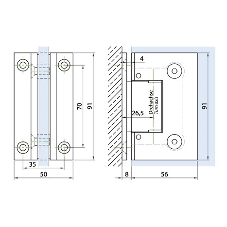 Shower door hinge glass-wall 90°, opening on both sides