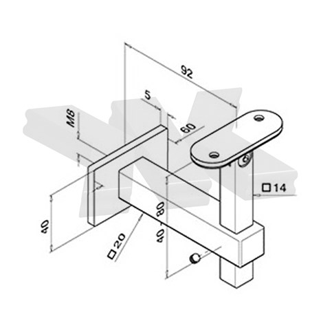 Handrail bracket for wall mounting 20x20 mm, flexible