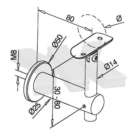 Handrail bracket for wall mounting, Ø 25 mm, flexible