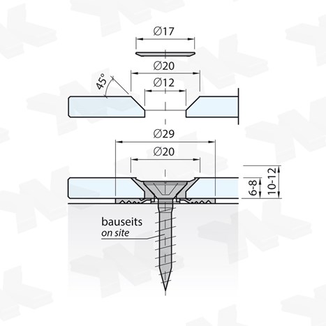Pico countersunk point fitting, rigid, Ø 29/20 mm, for 6-8 mm glass